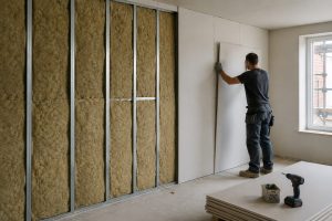 man applying drylining insulation to wall